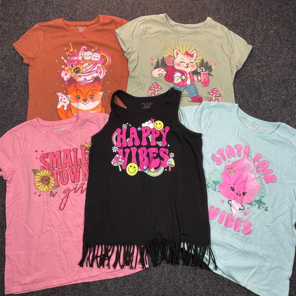 Childrens Place Girls Graphic Tee LOT OF 5 Sz 10/12 School Cat Animals Fox Cute